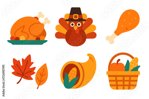 Thanksgiving Feast Icons. Thanksgiving Turkey in modern flat vector : roasted turkey, turkey with pilgrim hat, turkey drumstick, autumn leaves,