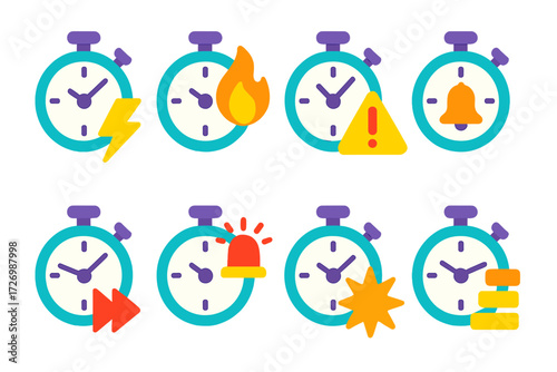 Colorful Timer Icons. Urgency & Alerts in modern flat vector : deal timer with lightning bolt, deal timer with flame, deal timer with exclamation mark