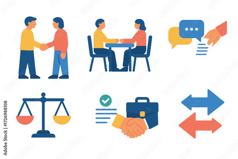 Obraz premium Flat Vector Negotiation Icons. Basic Negotiation in modern flat vector : two people shaking hands, two people sitting at table, two speech bubbles,
