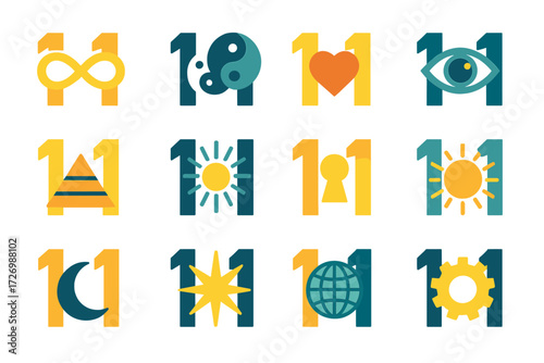 Symbolic Number 11 Icons. Symbolic Double Ones in modern flat vector : number 11 with infinity loop, number 11 with yin yang, number 11 with heart,