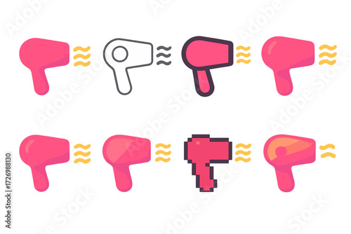 Air Drying Icon Variations. Air Drying Styles in modern flat vector : flat air drying icon, outline air drying icon, bold air drying icon, gradient