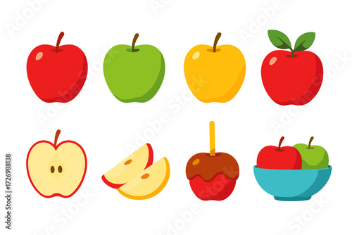 Colorful Apple Icons. Apple Variations in modern flat vector : red apple, green apple, yellow apple, apple with leaves, apple half, apple wedges,