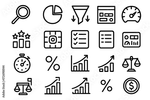 Analytics Icons Collection. Analytics tools icons in outline style: magnifying glass, pie chart with segments, funnel arrows, performance gauge,
