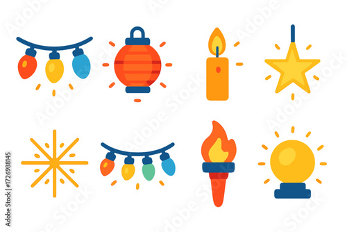 Vibrant Festival Icons. Basic Festival Lights in modern flat vector : string of bulbs, lantern with glow, candle with flame, hanging star light,