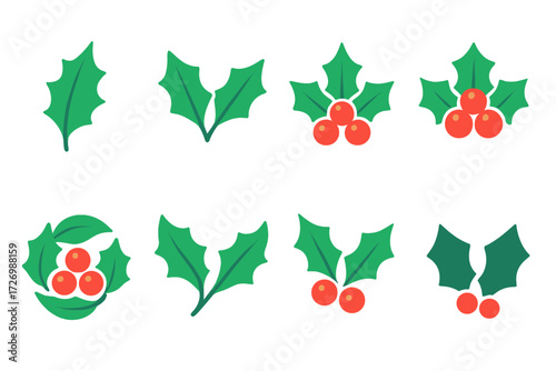 Holly Leaf Icons. Holly Variations in modern flat vector : single holly leaf, double holly leaves, holly with three berries, holly with five berries,