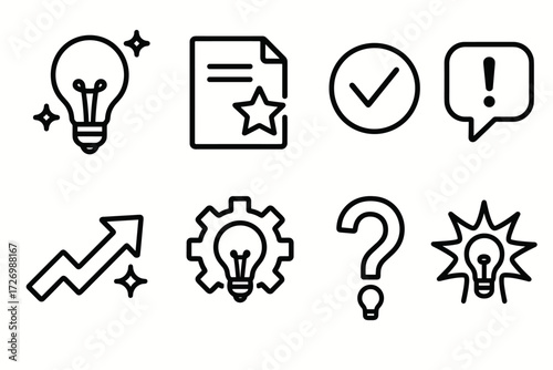 Symbolic Icons Collection. Symbols icons in outline style: light bulb with sparkles, note with star, checkmark with circle, speech bubble with