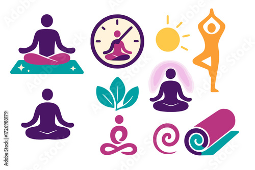 Vibrant Yoga Icons. Yoga Time in modern flat vector : person in lotus pose, yoga mat with sparkles, clock with yoga symbol, yoga pose with sun,