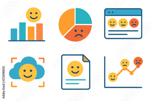 Vibrant Sentiment Dashboard. Data Sentiment Scan in modern flat vector : bar chart with smile, pie chart with face, dashboard with mood icons, cloud