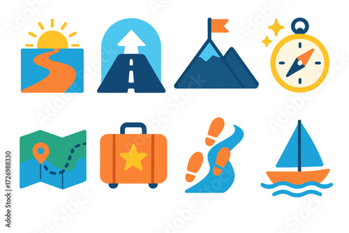 Adventure Icons Collection. New Journey in modern flat vector : path with sunrise, road with arrow forward, mountain with flag, compass with sparkles,