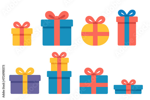 Vibrant Gift Icons. Gift Variations in modern flat vector : small gift box, large gift box, square gift box, round gift box, tall gift box, wide gift