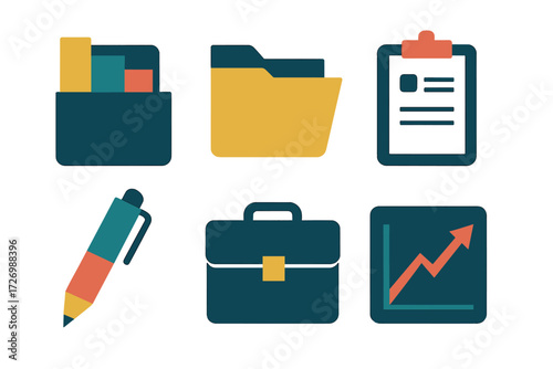 Office Icons. Office tools set of icons in abstract flat : organize file, folder, clipboard, pen, briefcase, chart