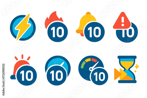 Vibrant Countdown Icons. Urgency & Alerts in modern flat vector : countdown with lightning bolt, countdown with flame, countdown with bell alert,
