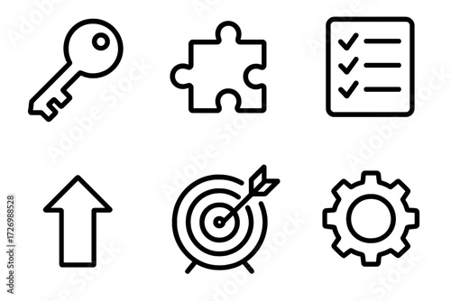 Problem Solving Icons. Problem solving icons in outline style: key, puzzle piece, checklist, upward arrow, target, gear