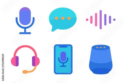 Smart Assistant Icons. Classic Smart Assistant in modern flat vector : microphone icon, chat bubble with dots, speech waveform, headset, smartphone