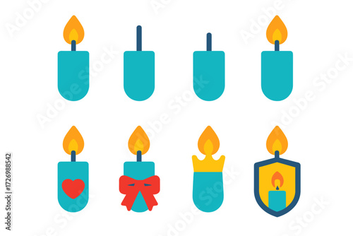 Shamash Icon Variations. Shamash Variations in modern flat vector : lit shamash, unlit shamash, shamash with wick, shamash with star, shamash with