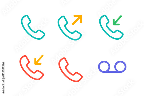 Minimalist Phone Icons. Minimal Line Phone Call in modern flat vector : handset, incoming call, outgoing call, missed call, end call, voicemail.