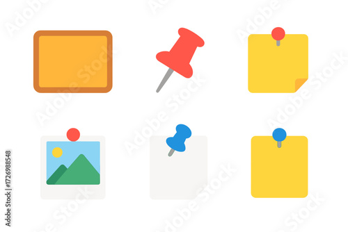 Modern Pin Board Icons. Basic Pin Board in modern flat vector : corkboard, push pin, sticky note, photo pinned, paper sheet pinned, reminder pin.