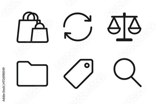 Digital Browsing Icons. Digital browsing icons in outline style: similar items, arrow loop, compare icon, folder, tag, magnifying glass