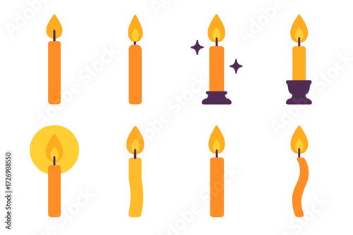 Vibrant Shamash Icons. Shamash in modern flat vector : single tall candle, candle with long flame, central menorah candle, shamash with sparkles,