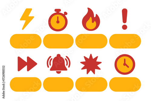 Vibrant Buy Now Icons. Urgency & Action in modern flat vector : buy now button with lightning bolt, buy now button with stopwatch, buy now button with