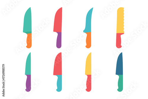 Colorful Knife Icons. Knife Variations in modern flat vector : chef’s carving knife, meat carving knife, poultry carving knife, bread carving knife,