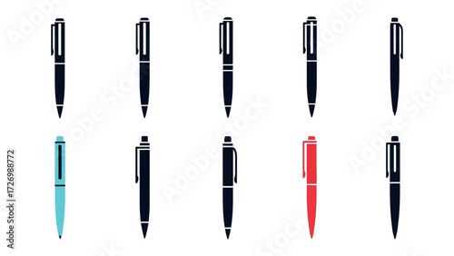 Pens in Array: Various pens are neatly arranged, a minimalist image suitable for office or creative concepts, showcasing essential writing implements. 