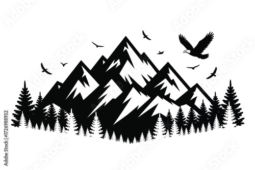 Monochrome vector illustration of a wild mountain landscape with a soaring eagle and coniferous trees, a graphic outdoor adventure design
