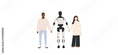 Man and woman with Ai robot standing together.