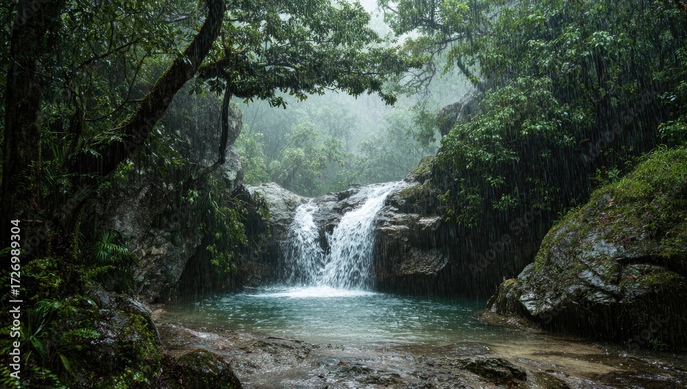 Fototapeta premium Lush rainforest waterfall in misty rain