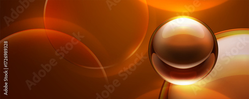 Abstract orange glass background with glowing sphere and circles