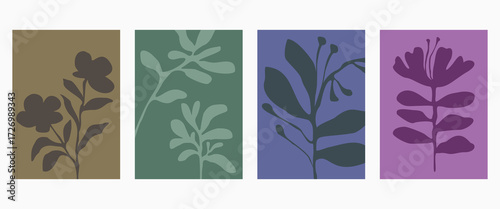 Set of abstract foliage poster vector design. Leaves, flower, organic shapes with earth tone colors. Illustration design for Eco packaging, interior, cover, wall art, wallpaper