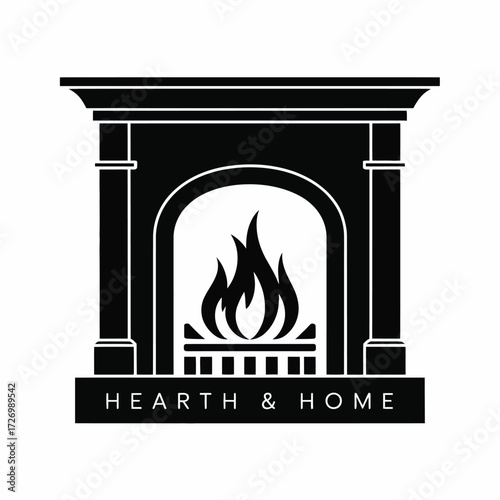 Elegant Hearth & Home Logo Black and White Silhouette of a Fireplace
