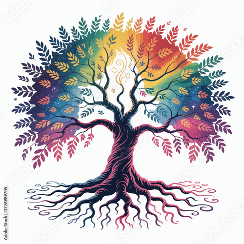 Colorful Tree of Life A Vibrant Watercolor Illustration with Rainbow Leaves and Deep Roots