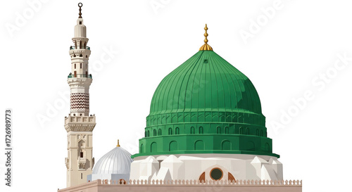 The prophets mosque in medina, saudi arabia, featuring its iconic green dome and a tall, slender minaret against a transparent background