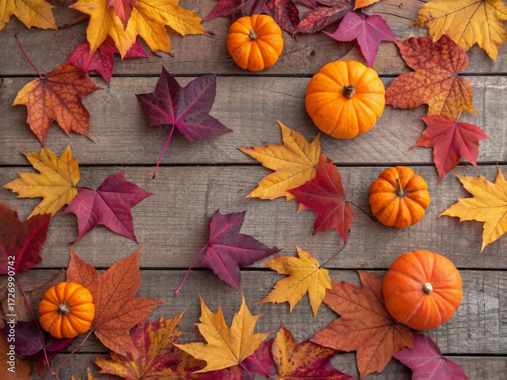 Fototapeta premium Creative autumn Halloween layout with various leaves and pumkins on dark wooden backgound. Flat lay