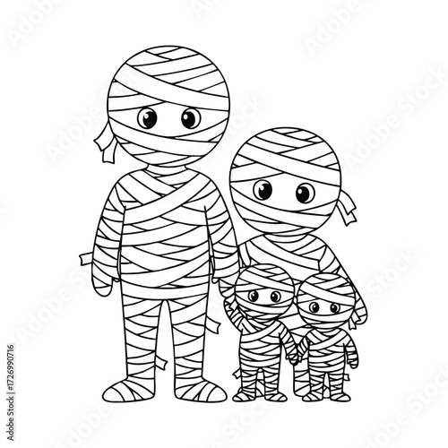 A playful depiction of a family of cartoon mummies, showcasing their fun and whimsical bandaged appearance together.