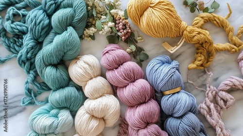 Colorful yarn skeins and a beginner knitting guide spread out for crafting inspiration