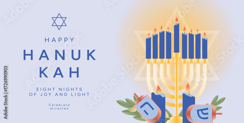 Happy Hanukkah greeting card with golden Menorah, blue candles, dreidels and olive branches. Bright blue background with large Star of David glowing behind festive holiday design. Vector illustration