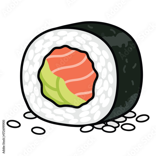 Illustration of a single maki roll sushi piece with salmon and avocado filling on a white background