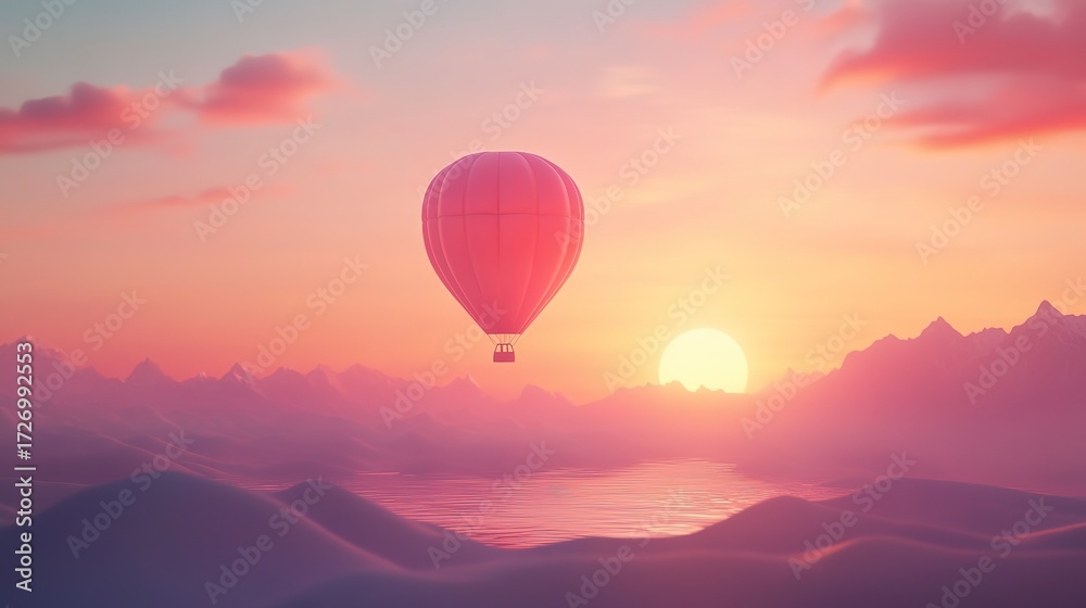 Fototapeta premium Hot air balloon gliding through colorful sky at sunset over distant mountains