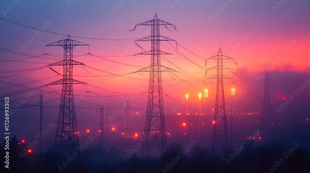 Fototapeta premium Energy sector performance insights contrasting with global market trends in a vibrant twilight setting