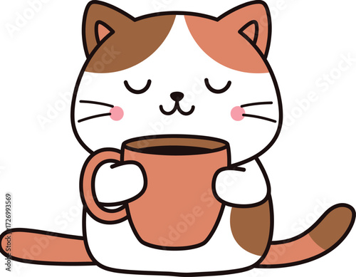 Cute Cartoon Cat Drinking Coffee Vector Illustration Lazy Morning Pet Character