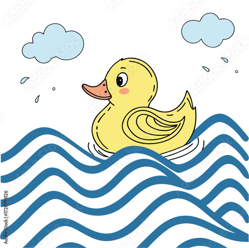 Cute yellow rubber duck floating on blue wavy water with clouds overhead