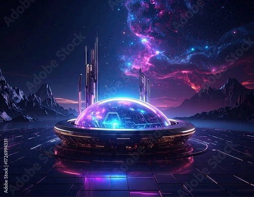 Futuristic Cityscape Under Dome with Nebula Background