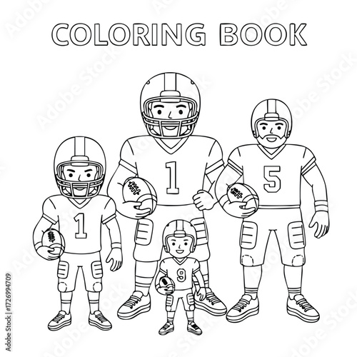 A playful coloring book design featuring four cartoon football players in various poses and sizes, ready for fun.