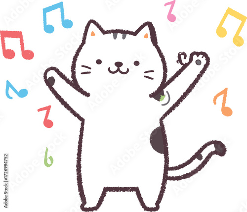 Whimsical Cat Dancing with Musical Notes Cartoon Vector Design
