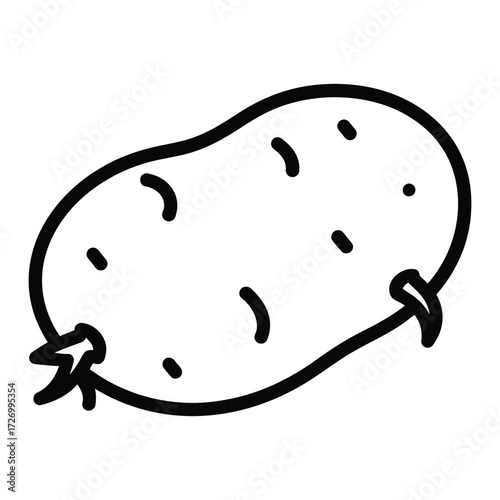 Illustration of a single potato with sprouts and small blemishes in a simple black outline style