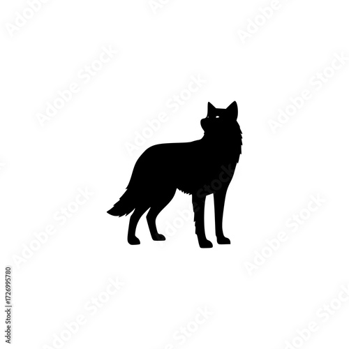 A black silhouette of a wild canine, possibly a wolf or coyote, sniffing the ground on a white background.