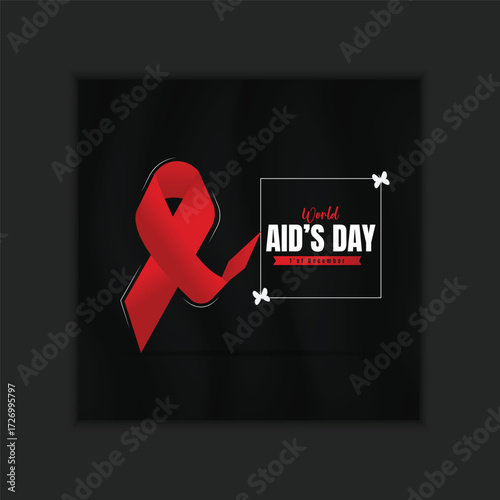 Flat banner of world aids day December 1 with ribbon, world map, and text. United with the Red Ribbon, Global Hope & Compassion.	