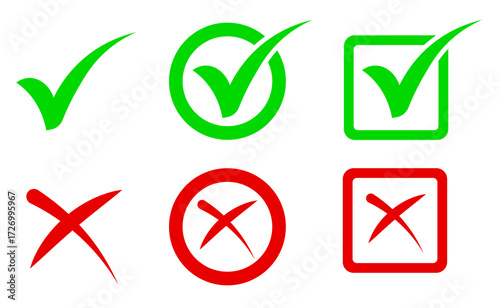 Foto Set of green checkmark, red cross, x mark icon, flat rounded right and wrong sign concept Png